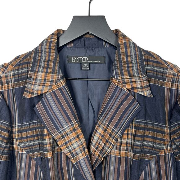 Kasper Blazer Size 12 Plaid Short Brown Blue Jacket Double Button Sportswear - Picture 4 of 9